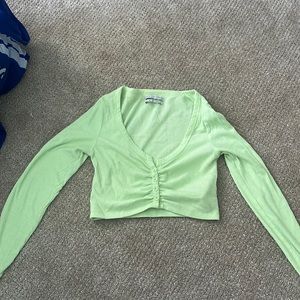 Bright green/yellow cropped button up too long sleeve ribbed